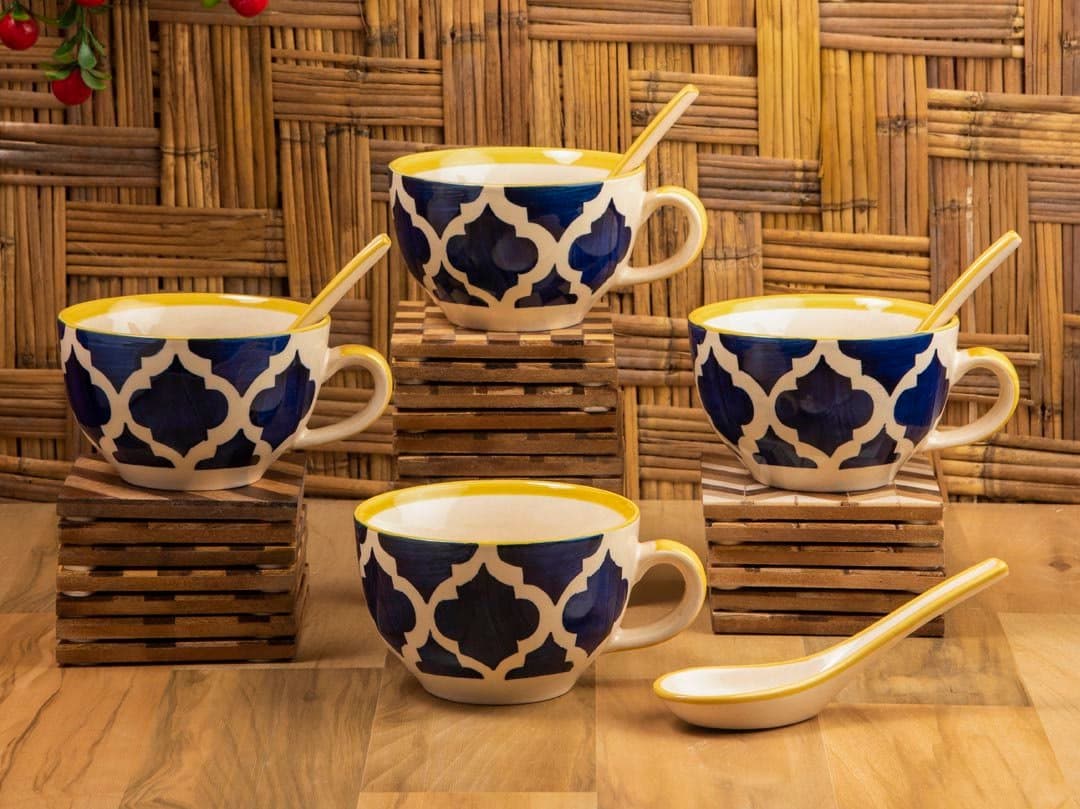 Hs Hindustani Saudagar Ceramic Hand Painted Morocan Soup Bowl with Spoon 300 Ml, Set of 4 (Blue & Yellow),Striped