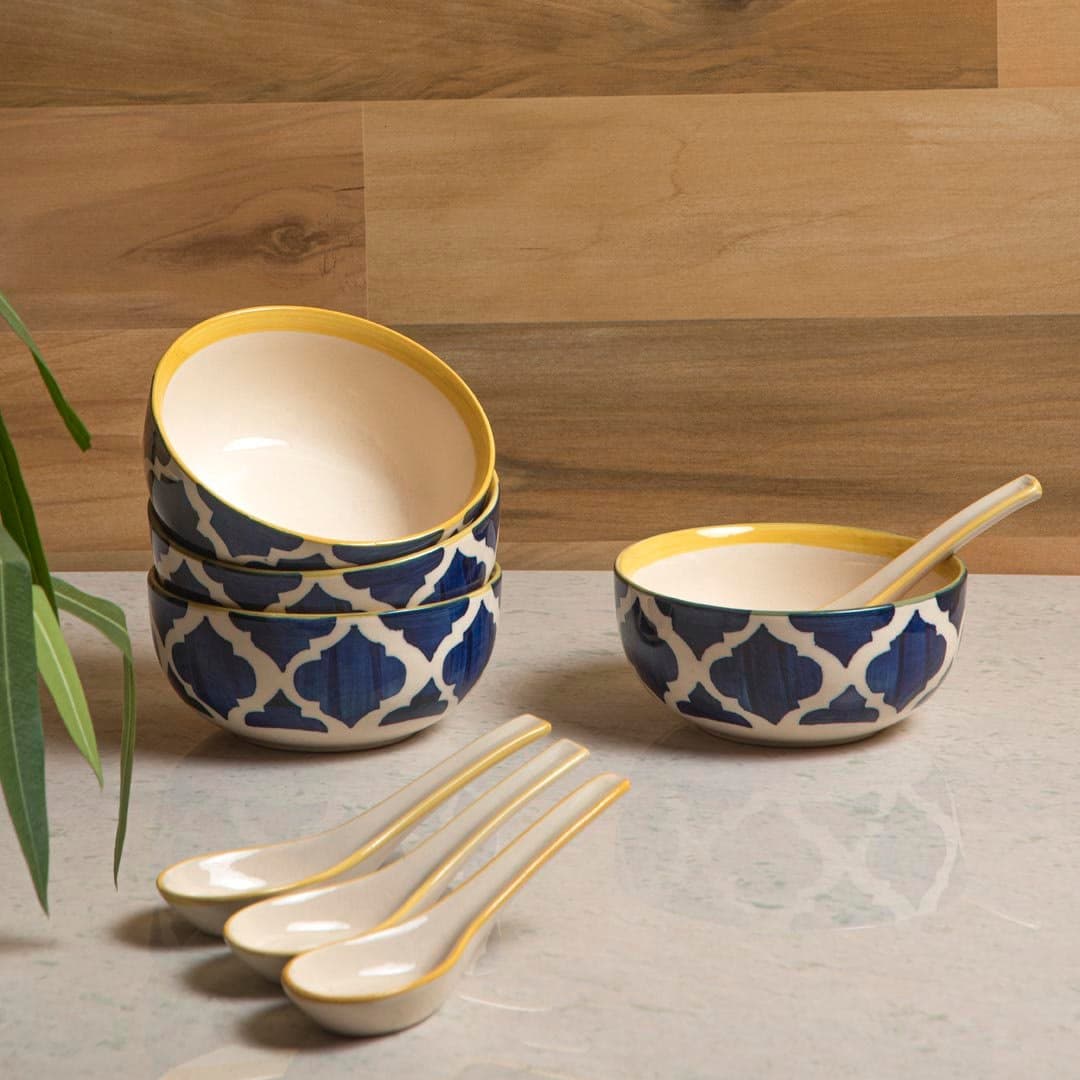HS Hindustani Saudagar Ceramic Handcrafted Bowls with Spoons 300 Ml , Set of 4 ( Blue & Yellow,Floral)