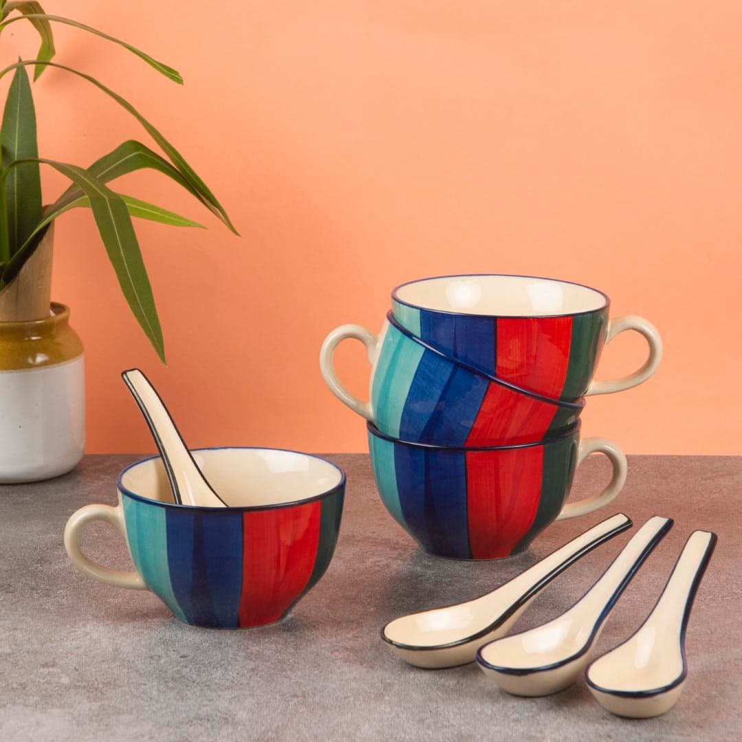 Hs Hindustani Saudagar Ceramic Handpainted Handled Soup Bowl with Spoon 300ml , Set of 4 ,Multicolour,striped