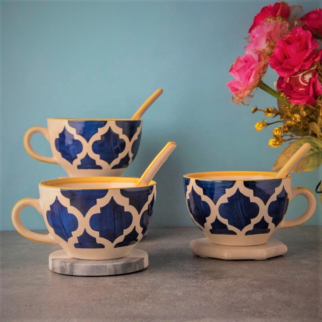 HS HINDUSTANI SAUDAGAR Microwave Hand Painted Soup Bowl (Blue & Yellow) with Spoon Set of 3, 300ML