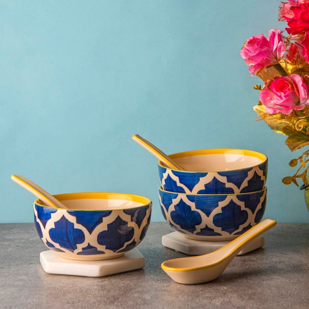 Hs HINDUSTANI SAUDAGAR Ceramic Hand Painted Soup Bowls with Spoons, Set of 3, 300 Ml, Blue &Yellow,Floral
