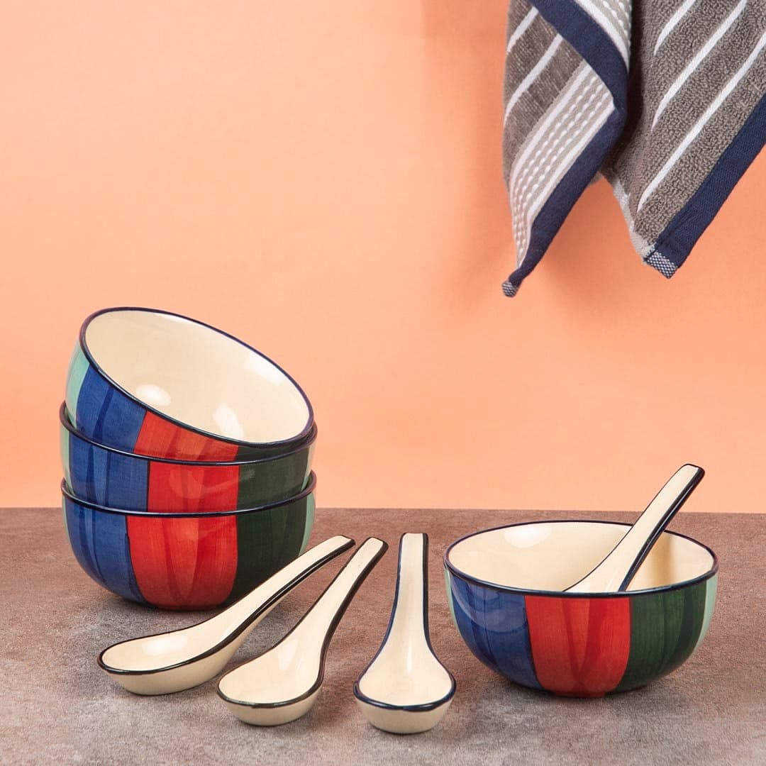 HS HINDUSTANI SAUDAGAR Microwave Hand Painted Ceramic Striped Soup Bowl with Spoon (Multicolored, 300ml) - Set of 4