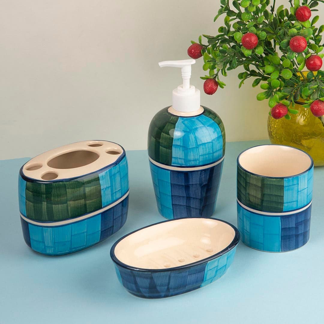 HS HINDUSTANI SAUDAGAR Seablue Hand Painted Ceramic Bathroom Accessory Set of 4 Pieces - Soap Dispenser, Tumbler, Soap Dish, Tooth Brush Holder for Bathroom Décor and Home Gift