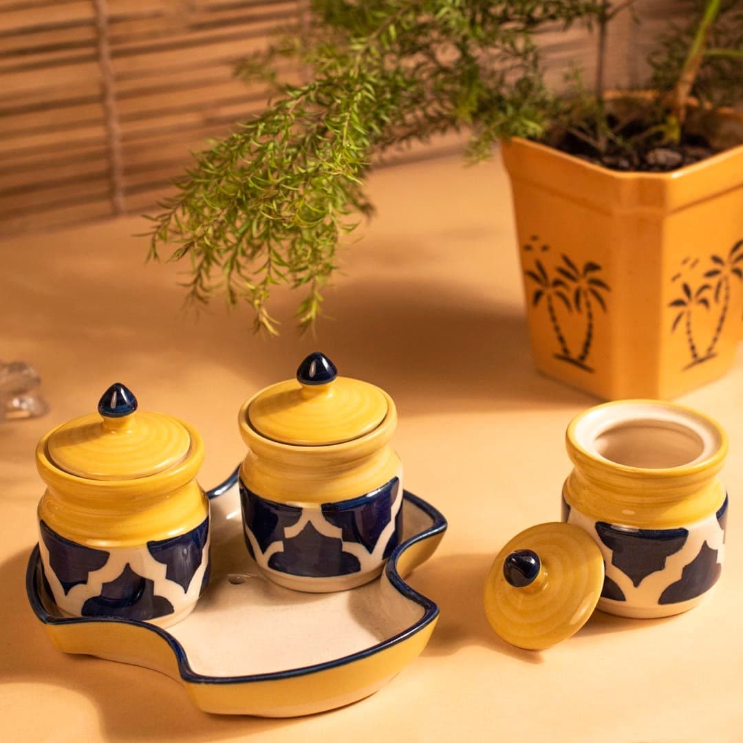 HS HINDUSTANI SAUDAGAR Ceramic Hand Painted Tabletop Jars Set ( 3 Jars with 3 lids, 1 tray) for Kitchen/Toothpick Holder/ Dinning Table/ Chatni / Spices/ Storage/ Gifts 140 ML