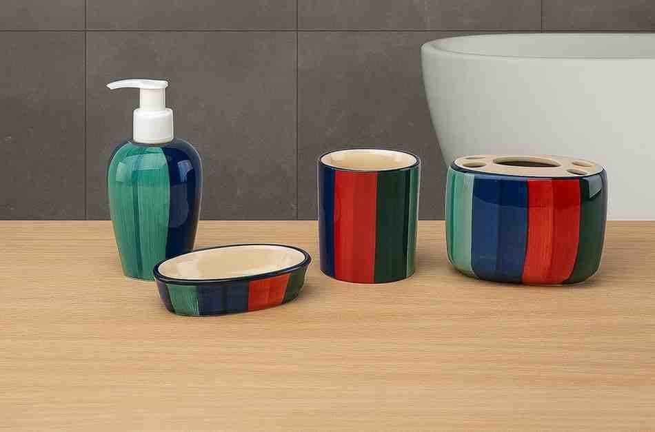 HS HINDUSTANI SAUDAGAR Multicoloured Hand Painted Ceramic Bathroom Accessory Set of 4 Pieces - Soap Dispenser, Beaker, Soap Dish, Brush Holder for Bathroom Décor and Home Gift Set